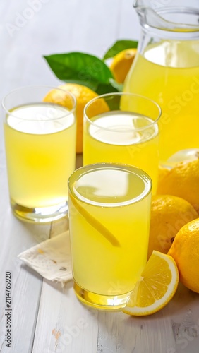 A refreshing drink setup with glasses of yellow liquid and lemons on a wooden table