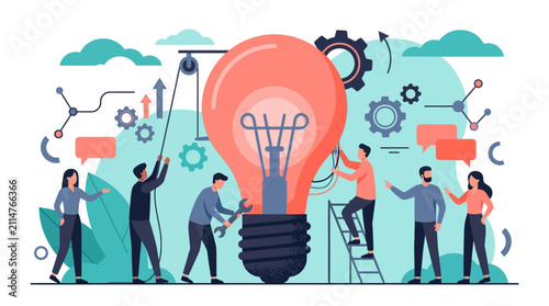 Creative Teamwork and Innovation. Diverse professionals collaborating on a giant glowing light bulb with gears and tools, ideal for business presentations and startup websites.