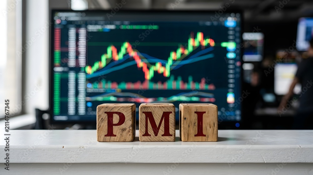 Obraz premium PMI Purchasing Managers' Index Concept on Wooden Blocks with Stock Market Chart Background