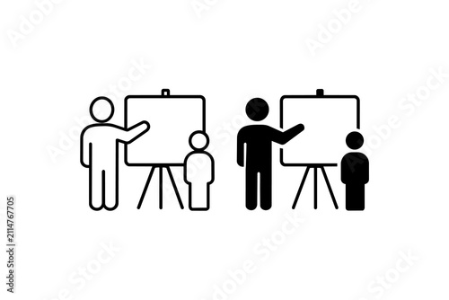 Two figures teaching and learning at presentation boards in simplistic icons.