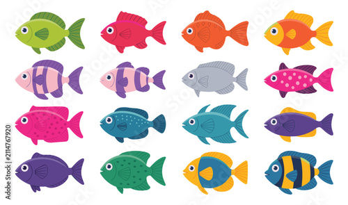 PrintCute Cartoon Colorful Sea Fish Icon Set with Vibrant Marine Tropical Aquarium Fishes for Undersea World and Kindergarten Graphic Designs