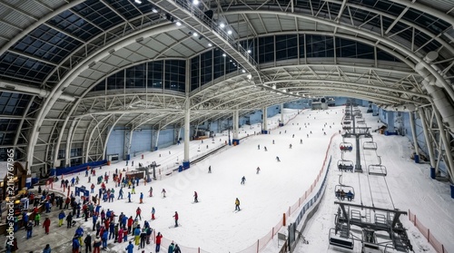 People ski inside a large indoor ski hall with a chairlift.