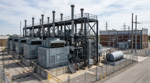 The industrial plant shows metal framework and tall exhaust stacks in a yard.