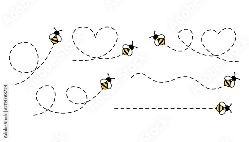 Cute cartoon bees flying in heart shaped dashed paths with honeybee, pollination