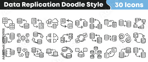 Canvas Print Set of data replication doodle icons, database synchronization symbols