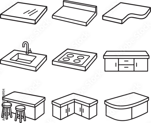A set of simple black and white line art icons depicting various kitchen counter designs.