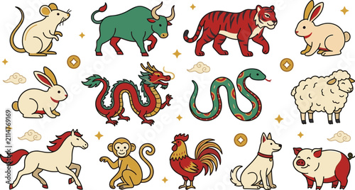 Canvas Print Chinese Zodiac Animal Collection with Rat, Ox, Tiger, Rabbit, Dragon, Snake, Hor
