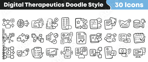 Bild auf Leinwand Digital therapeutics doodle style icons set
