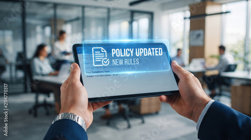 Obraz na plátně Professional male hands holding a tablet displaying a policy updated new rules message in a bright contemporary office environment with blurred colleagues