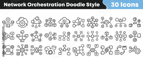 Cuadro en lienzo Set of 30 network orchestration doodle style icons