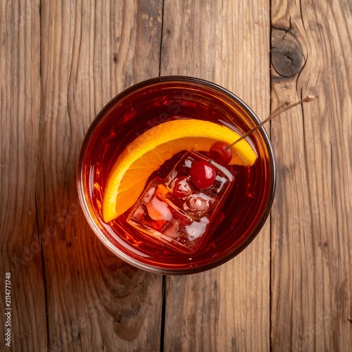 A refreshing drink with ice, cherry, and orange slice on a wooden table