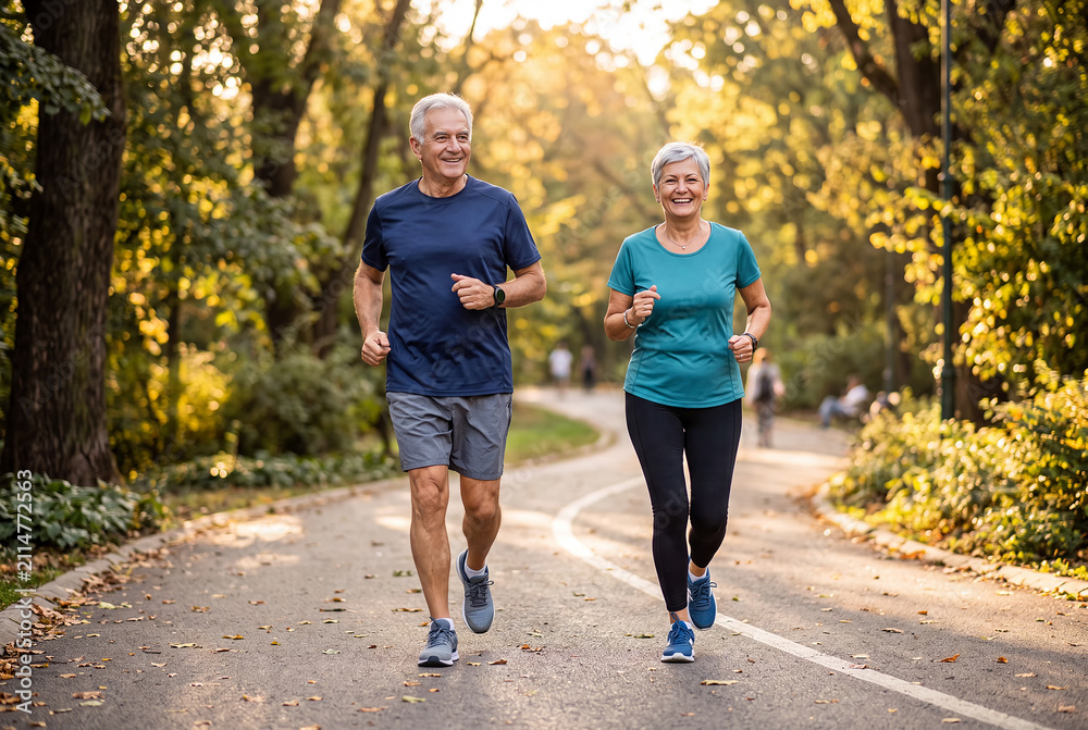Obraz premium Happy Senior Couple Jogging in Park - Active Aging and Healthy Lifestyle Concept