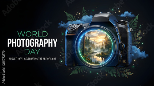 Conceptual world photography day banner with dslr camera lens reflecting a serene river landscape