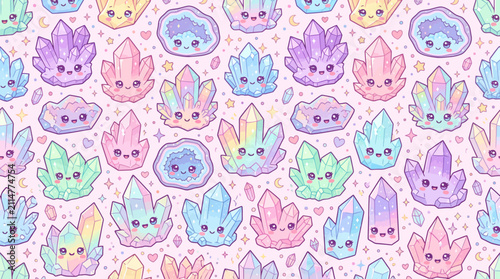 Kawaii Crystal Clusters Seamless Vector Pattern Cute Gems with Twinkling Eyes Mystical Quartz Graphic Background for Fabric and Wallpaper