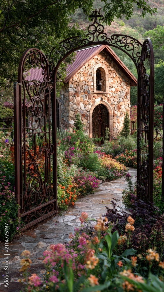 Fototapeta premium Wrought iron gate opening to stone chapel in lush garden. Flower path leading to old church building. Romantic outdoor wedding venue. Architecture and landscape design concept.