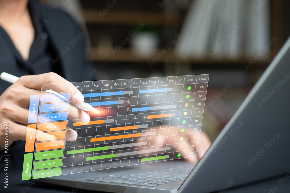 Fototapeta premium Digital project management concept. User using laptop with project timeline and Gantt chart icons, milestone planning, task organization, progress monitoring and business productivity.