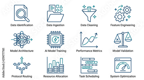 Corporate Infographic Showcasing Key Stages in AI and Data Processing Workflow with Minimalist Blue Icons
