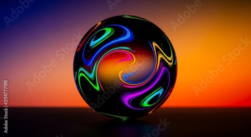 Glossy Abstract Sphere with Neon Swirls on Vibrant Gradient Background
