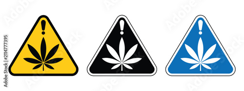 Cannabis Warning Icon, with marijuana leaf, hazard sign, exclamation symbol, safety alert, triangular caution design and editable vector graphics