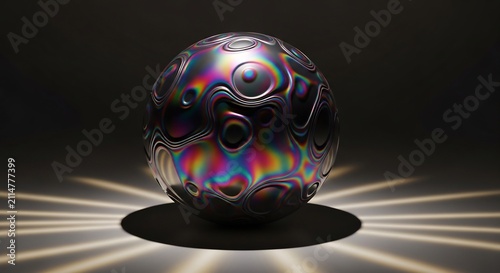 Iridescent Abstract Sphere Resting on Dark Surface with Radiating Light Pattern