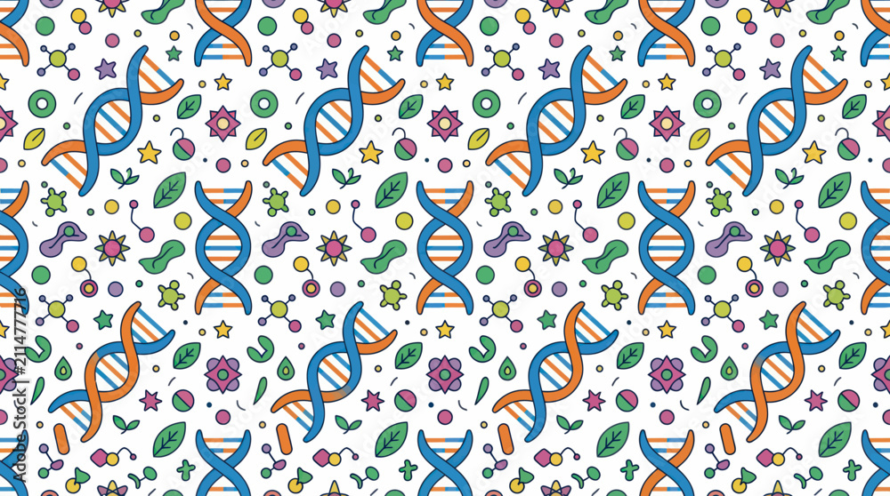 Naklejka premium Flat Vector Science Biology Seamless Pattern with DNA Helix, Molecules, and Genetic Symbols Illustration