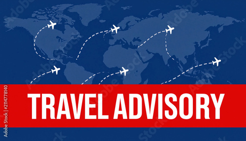 Travel advisory banner with world map background and airplane icons showing flight paths