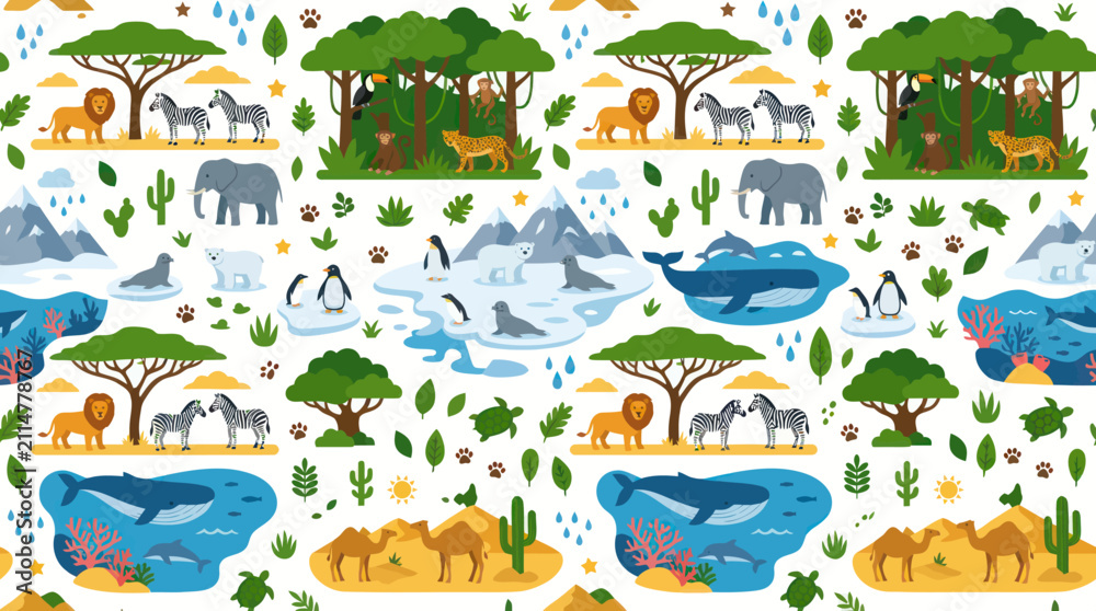Obraz premium Flat Style Wildlife Animals Pattern - Safari, Arctic, Ocean, Desert