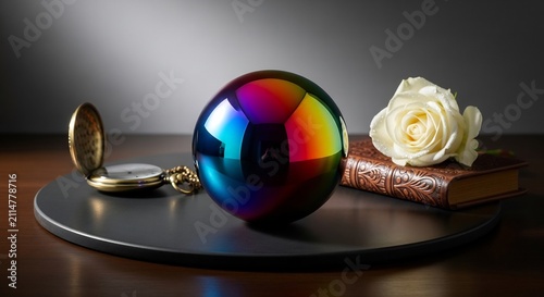 Iridescent Glass Sphere Resting Beside White Rose and Pocket Watch on Dark Wooden Table