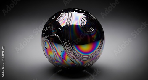 Iridescent Abstract Glass Sphere Resting on Dark Gradient Background