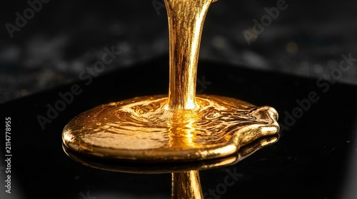 Liquid gold pouring onto a dark reflective surface creating a shiny metallic puddle macro shot
