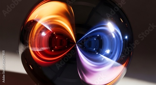 Glowing Abstract Glass Sphere Reflecting Red and Blue Light on Dark Background