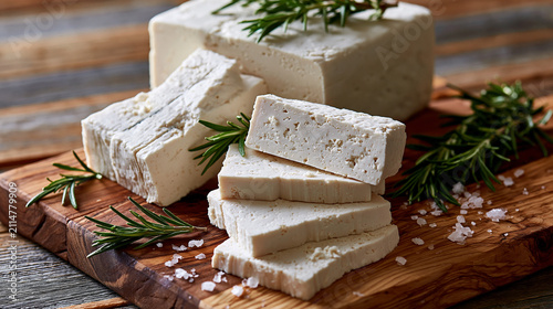 Mediterranean Feta Cheese Arrangement on Rustic Wood Board