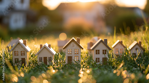 Mini Home Village in Fresh Grass With Warm Sunset Bokeh