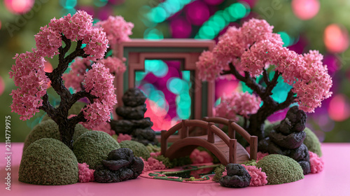 Mini Sakura Landscape With Bridge, Moss Hills, and Colorful Lights