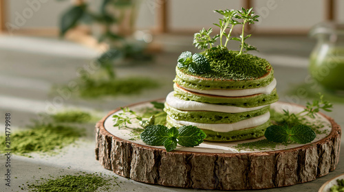 Japanese Inspired Green Tea Pastry with Moss Texture and Mint