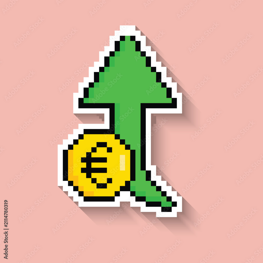 Fototapeta premium Euro exchange rate increase long shadow sticker 8 bit vector icon for computer game logo