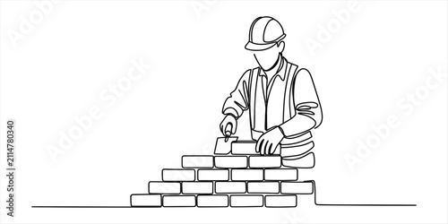 Continuous single line drawing of a construction worker building a brick wall with a trowel wearing a hard hat for industrial renovation projects
