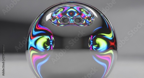 Iridescent Reflective Glass Sphere Resting on Minimal Gray Surface