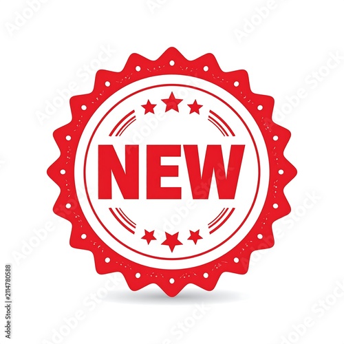 A red and white graphic badge with a wavy edge and the word NEW