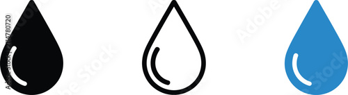 Water Drop Icon, featuring minimalist solid and outline styles, blue water droplets, liquid symbol, oil drop and editable vector illustration