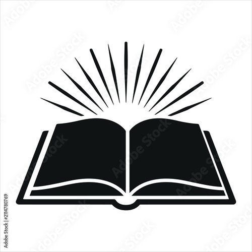 Obraz na plátne Minimalist black vector icon of an open book emitting light rays, simple silhouette graphic, isolated white background