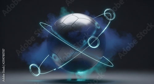 Futuristic Metallic Soccer Ball Glowing with Neon Orbits in Dark Smoky Studio