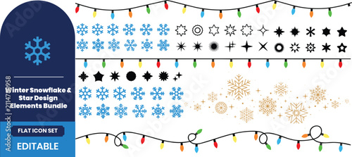 Set of decorative christmas bunting banners and snowflake elements for festive holiday party design and winter decorations