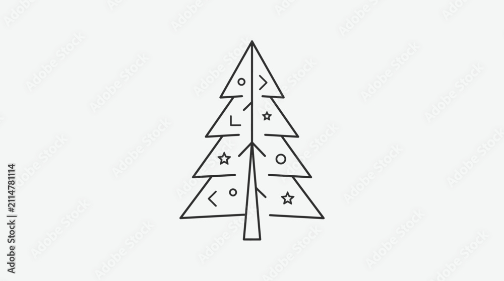 Fototapeta premium Christmas tree outline icon incorporates simple star and circle shapes within its triangular frame.