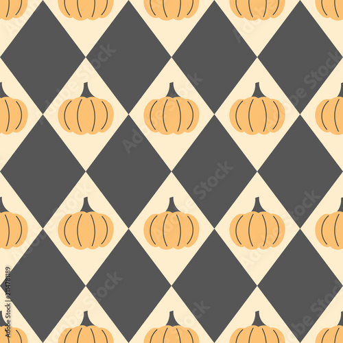 Halloween seamless pattern. Pumpkins on a background with black diamonds. Repeating print for textile, wrapping, decoration. Fall holiday vector illustration.