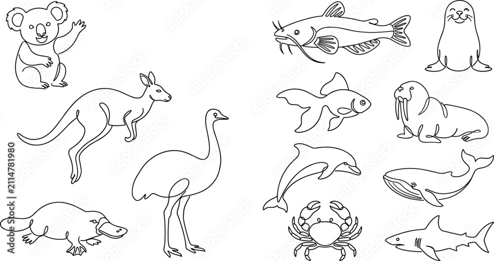 Obraz premium Continuous line art vector illustration set of Australian animals and marine life icons including kangaroo koala shark dolphin isolated on white background