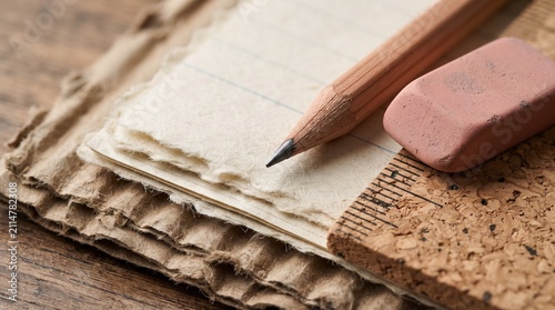 Sharpened wooden pencil and pink rubber eraser resting on top of rustic deckled edge handmade paper sheets and cork ruler on textured dark wood surface with soft morning light for creative arts