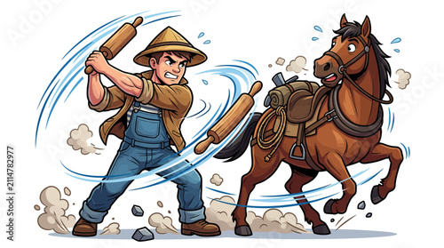 Angry Farmer with Rolling Pins Chasing Scared Horse