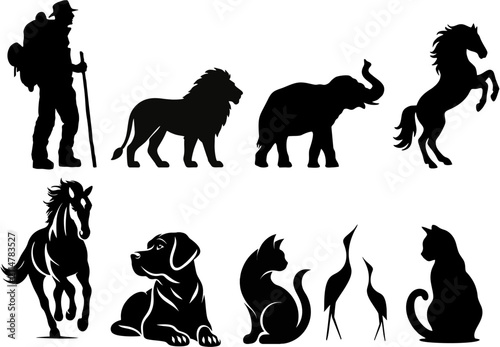 Silhouettes of a hiker, various wild animals, and domestic pets are arranged against a plain white background to create a diverse collection of graphic icons.