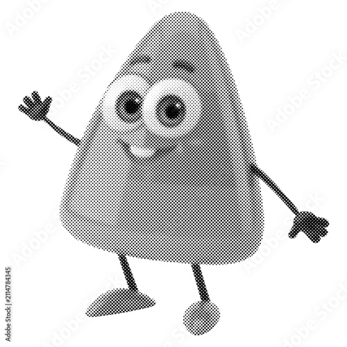 Cute triangular cartoon character waving. Monochrome mascot illustration with halftone dot texture. Happy cone-shaped creature isolated on white.